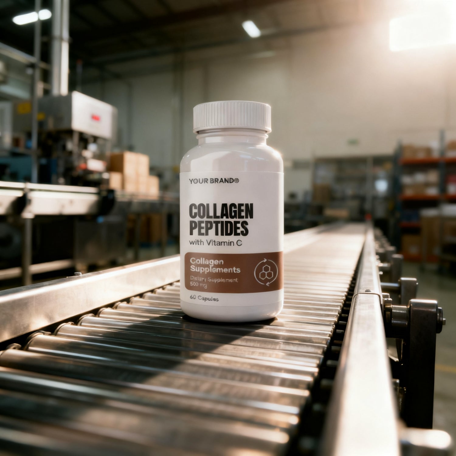 Private label collagen supplement bottle on a packaging conveyor