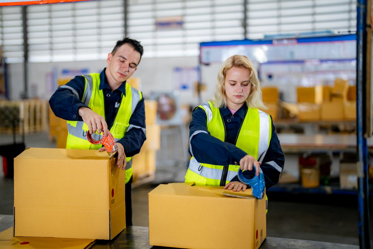 Warehouse logistics team packing supplement orders for global export freight shipment